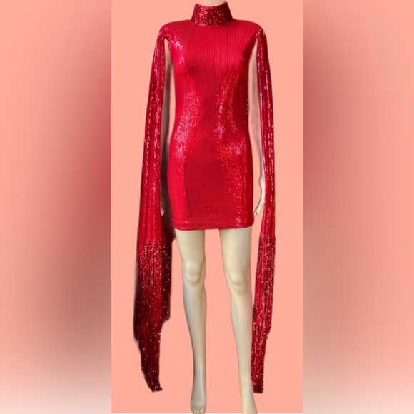 RICHARD DEMETER One Of A Kind Red Sequined Dress With Waterfall Sleeves Size XS - Picture 3 of 14